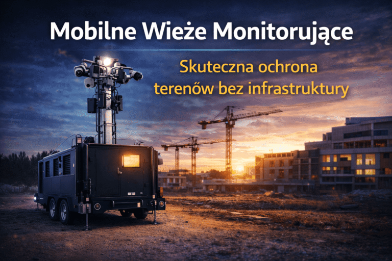 Zdjęcie przedstawia mobilne wieże monitorujące w terenie.